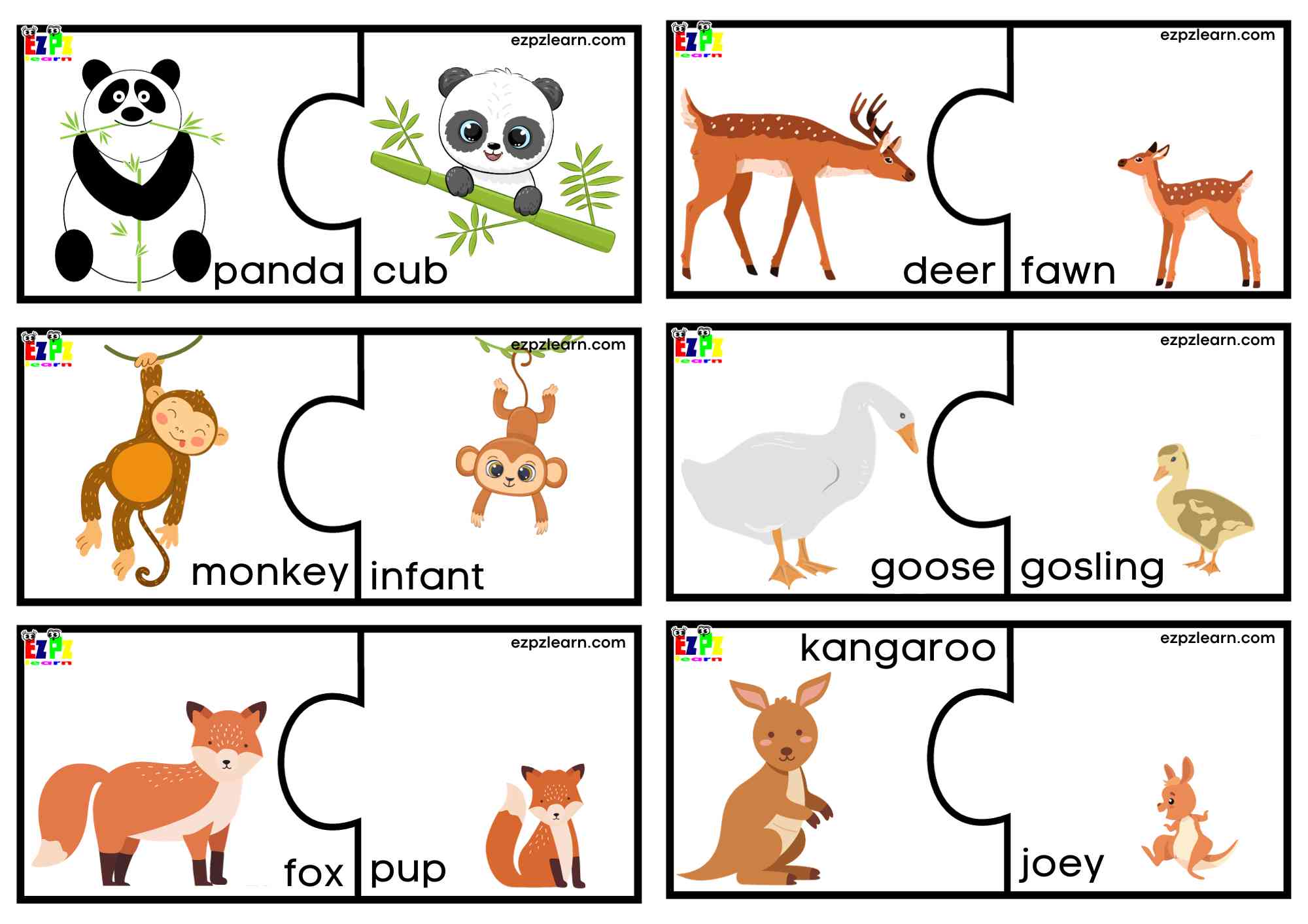 Animals and Their Young Puzzle Match Game 3 For Preschool, Kindergarten and English Language Learners Free Printable PDF